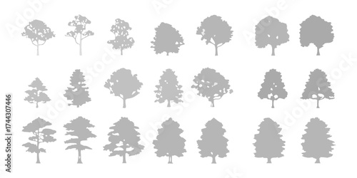 Collection of diverse grey tree silhouettes in various shapes and sizes on a white background