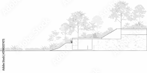 Architectural cross section of a modern house integrated into a hillside with lush trees and vegetation