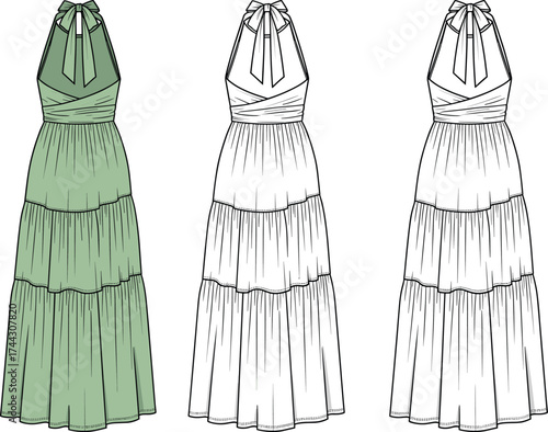 Green halter style tiered maxi dress flat sketch, deep V neckline with gathered waist and flowing skirt, front and back view, cad drawing flat vector illustration