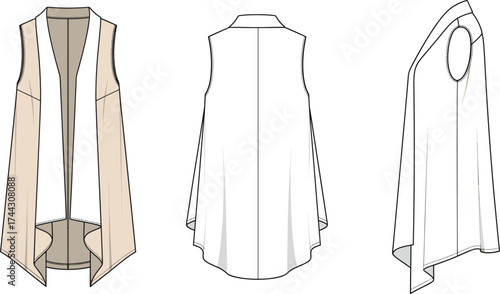 Sleeveless draped vest flat sketch, color block waterfall open front with asymmetrical hemline, front back side view, cad drawing flat vector illustration