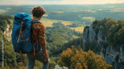Video clip A person gazing out at a valley from a high vantage point, carrying a backpack