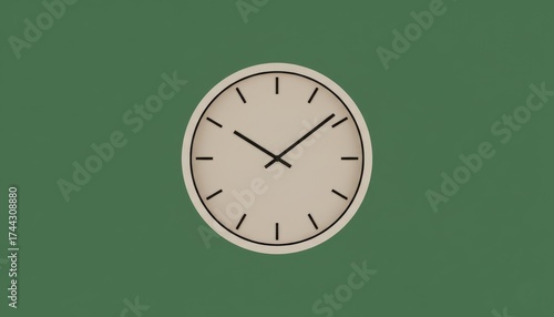 Minimalist wall clock on green background, concept of time, design and modern simplicity