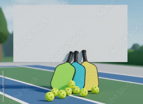 Colorful pickleball paddles and balls on outdoor court with blank white banner, concept of modern sport and active lifestyle