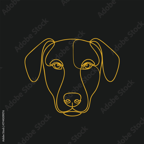 Minimalist continuous line drawing of a dog's face with floppy ears on a dark