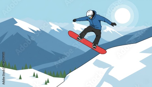 Snowboarder jumping on snowy mountain slope, winter sports and adventure illustration