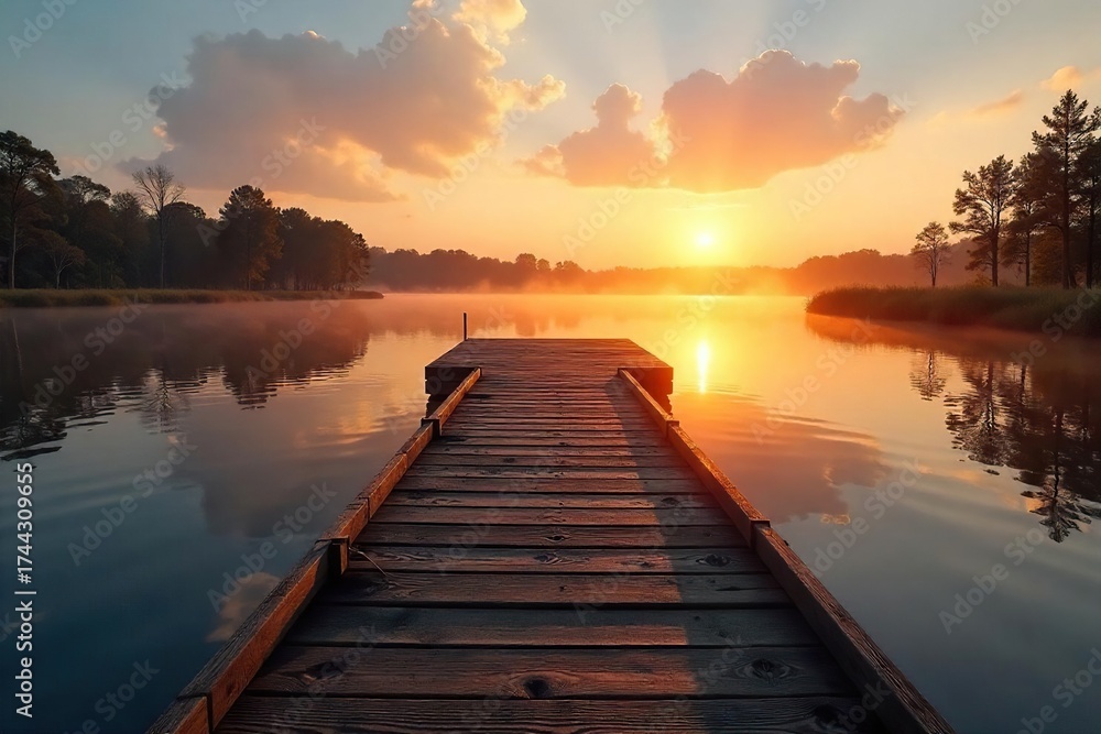 Obraz premium Golden Sunrise over Calm Water A Sturdy Wooden Hunting Dock Perfect for Peaceful Waterfowl Hunting