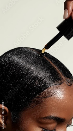 Black woman applying moringa oil to her hair for shine and moisture  