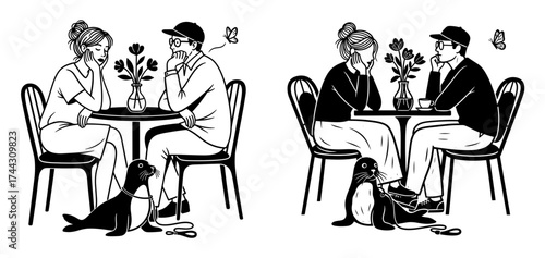 Vector art of couple with a seal on a date in black and white line art illustration