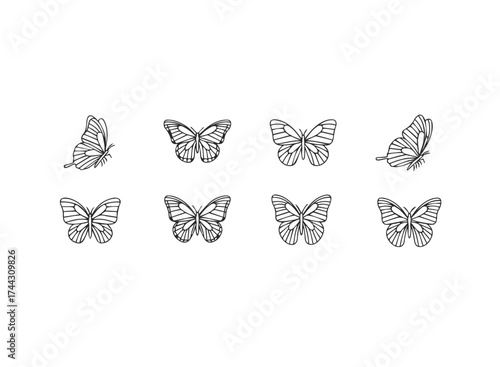 Collection of eight black and white butterfly illustrations