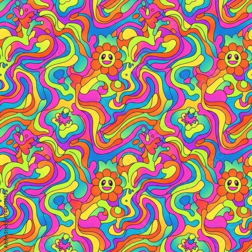 Wallpaper Mural Psychedelic Retro Pattern with Flowers and Swirling Lines in Bold Colors Torontodigital.ca