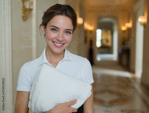 A smiling maid or housekeeper in a white uniform, holds a white towel in a luxury hotel 