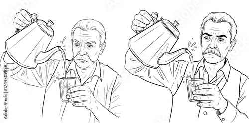 Vector art of man pouring water into glass, vector illustration in sketch style