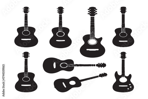 Black silhouette acoustic and electric guitars on white background