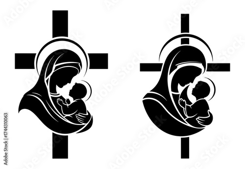 Vector art of silhouette of virgin mary holding baby jesus on a cross, religious symbol design