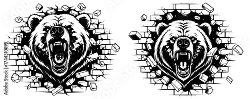 Vector art of bear breaking through a brick wall, a simple and clean vector design