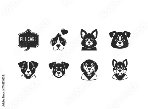 Set of dog faces and pet care icon