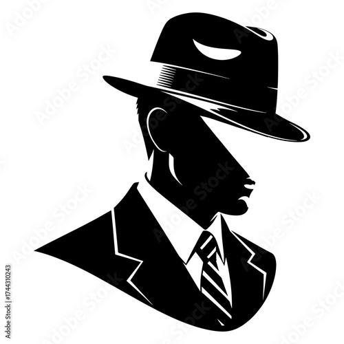 Illustration of a mysterious man in a suit and fedora hat