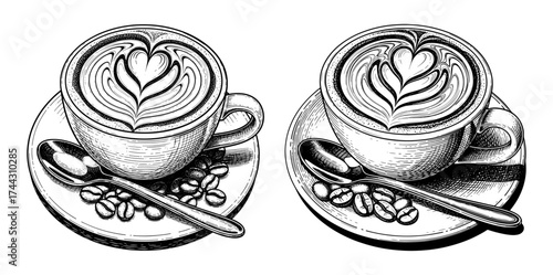 Vector art of hand drawn coffee cup with latte art, vector illustration in sketch style