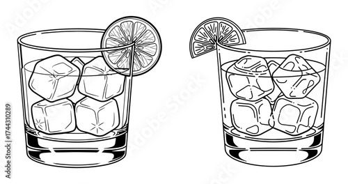 Illustration of a glass of whiskey on the rocks with a lime wedge