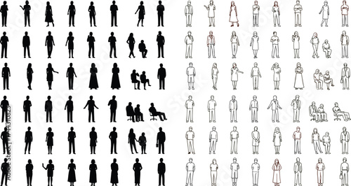 Black and white human silhouette and line drawing figures collection, diverse people poses, standing, sitting, walking, vector design, minimalist, outline art illustration