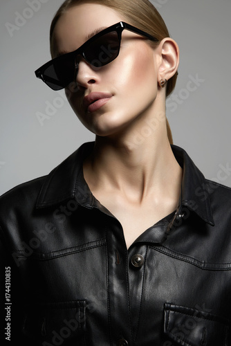 Beautiful young woman in sunglasses. blond girl in black glasses