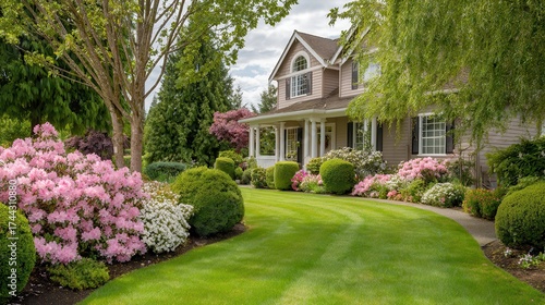 Idyllic victorian home nestled amidst lush gardens and mature trees in bloom