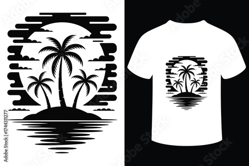 Tropical island palm trees sunset silhouette