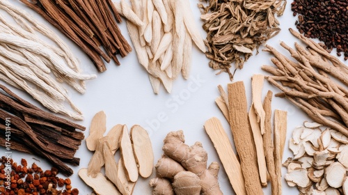A vibrant display of various medicinal herbs and roots arranged in a circular pattern on a light background