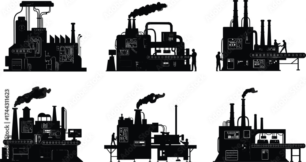 Fototapeta premium Industrial factory silhouettes with smokestacks, conveyor belts, workers, and machinery for manufacturing, automation, production, and heavy industry concepts