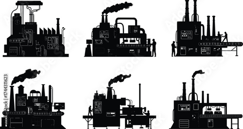 Industrial factory silhouettes with smokestacks, conveyor belts, workers, and machinery for manufacturing, automation, production, and heavy industry concepts