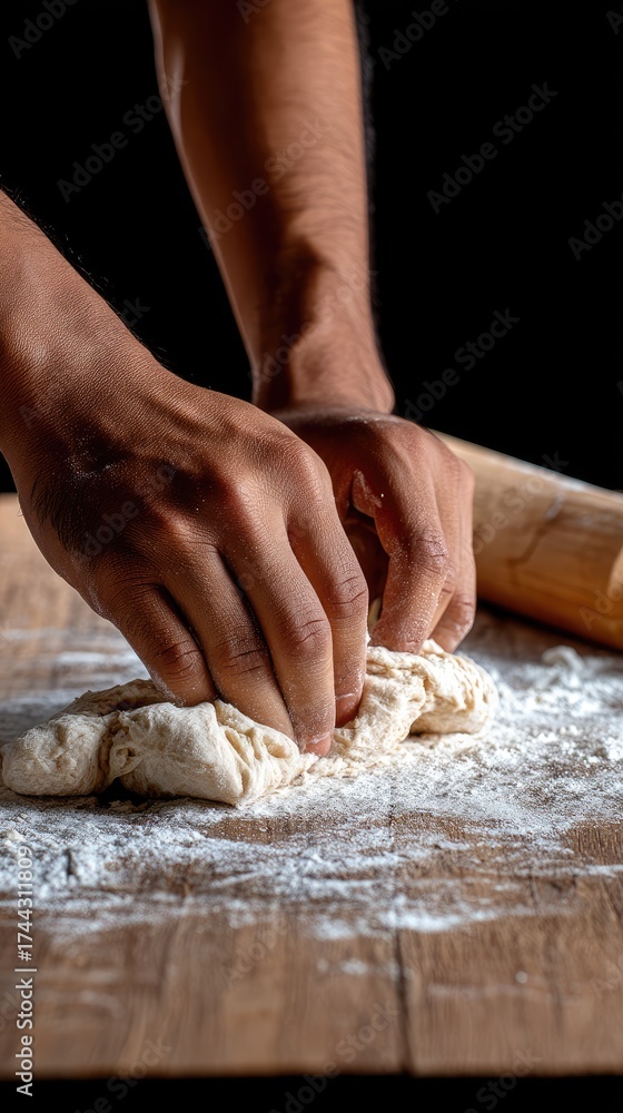 Obraz premium Hands mix and knead flour on a wooden table, with flour dust dancing in the light, highlighting the texture of the dough