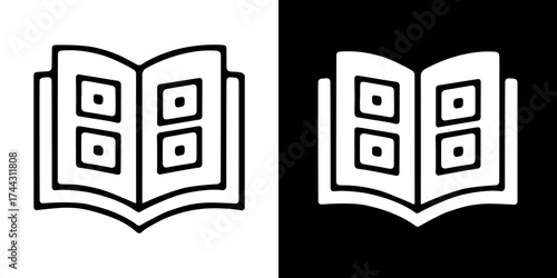 Open book icon with pages showing squares, isolated on white background