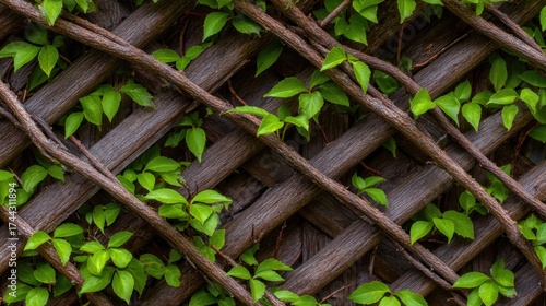 Lush green vines intertwining with wooden lattice, creating a natural backdrop for outdoor spaces