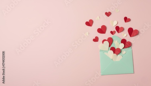 Envelope with red and white paper hearts on pastel pink background, romantic love letter for Valentine’s Day concept