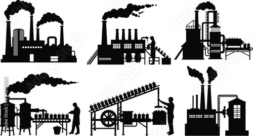 Industrial factory silhouettes, manufacturing process icons, smokestacks, workers, machinery, chemical plant, assembly line, brewing setup, black and white vector illustration