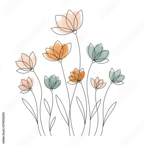 Minimalist floral line art with watercolor effect, elegant botanical illustration for modern design and decor