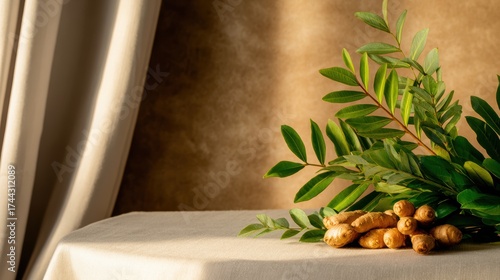 A serene still life featuring fresh ginger roots and green leaves on a textured table with draped fabric