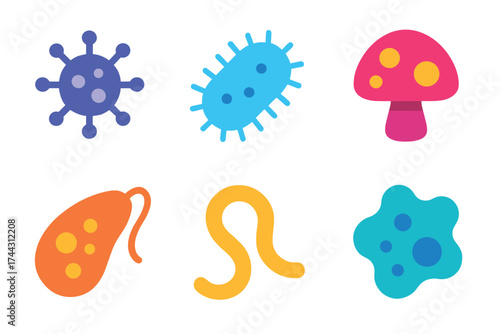 Colorful cartoon microorganisms and fungi icons on white background