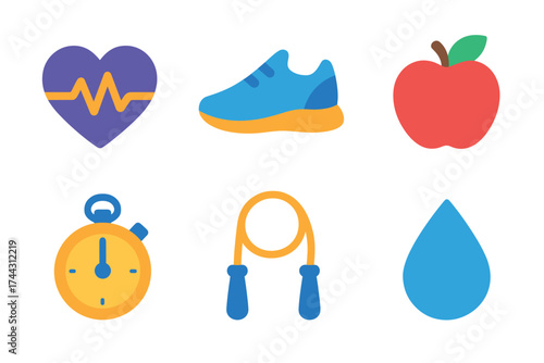 Colorful fitness icons heartbeat sneakers apple stopwatch jump rope water drop