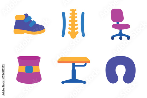 Ergonomic tools: spine, chair, desk, supportive boot, belt, neck pillow illustration