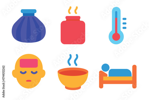 Icons depicting cold and flu remedies including thermometer, soup, and hot water bottle