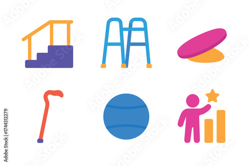 Colorful icons of mobility aids and exercise equipment on white background