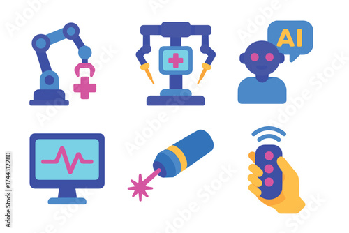Healthcare technology icons: robot arm, ai, monitor, remote, laser