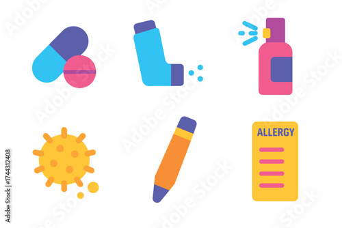 Colorful allergy and asthma icons featuring inhaler medication prevention