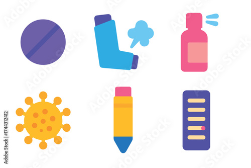 Healthcare icons: inhaler, pill, medicine bottle, virus, pencil, remote control