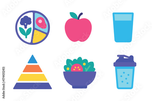 Colorful nutrition icons including plate, apple, drink, pyramid, salad, and shaker