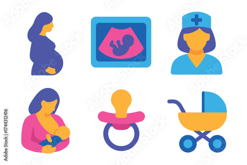 Flat design icons of pregnancy motherhood breastfeeding ultrasound baby care