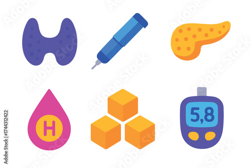 Medical icons of thyroid, insulin pen, pancreas, blood drop, sugar cubes, glucometer