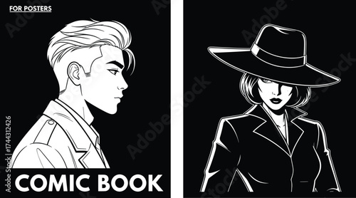Comic book, character, portrait, stylized hat, dramatic, poster, design, art, serious expression, graphic novel, vintage, bold, contrast, male, female, profile