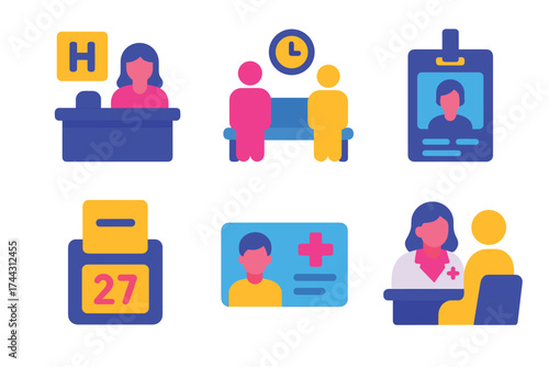 Colorful medical icons: doctor, patient, waiting room, id badge